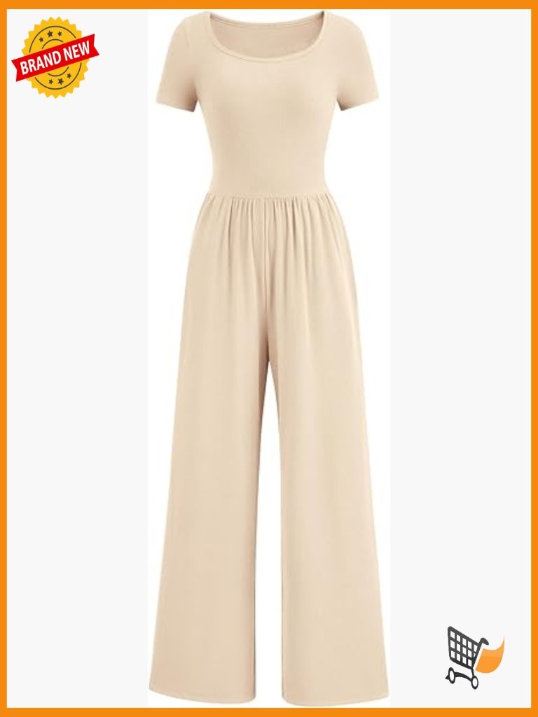 Women's Square Neck Wide Leg Jumpsuit Romper Short Sleeve Ribbed Knit Travel